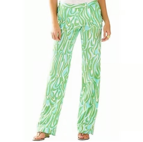 Lilly Pulitzer Cambridge Palazzo Wide Leg Pants Green Groovy Print Size S Y2K - Picture 1 of 12